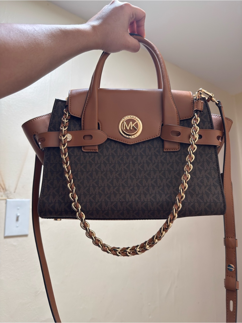 Michael Kors Carmen Medium Satchel Brown and Tan Signature w/ Gold Chain